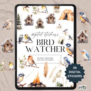 Bird Watcher Digital Stickers, Bird Themed, Nature, Feather, Camping, Forest Sticker, Goodnotes, Bird House, camp fire, tent, birds, cottage