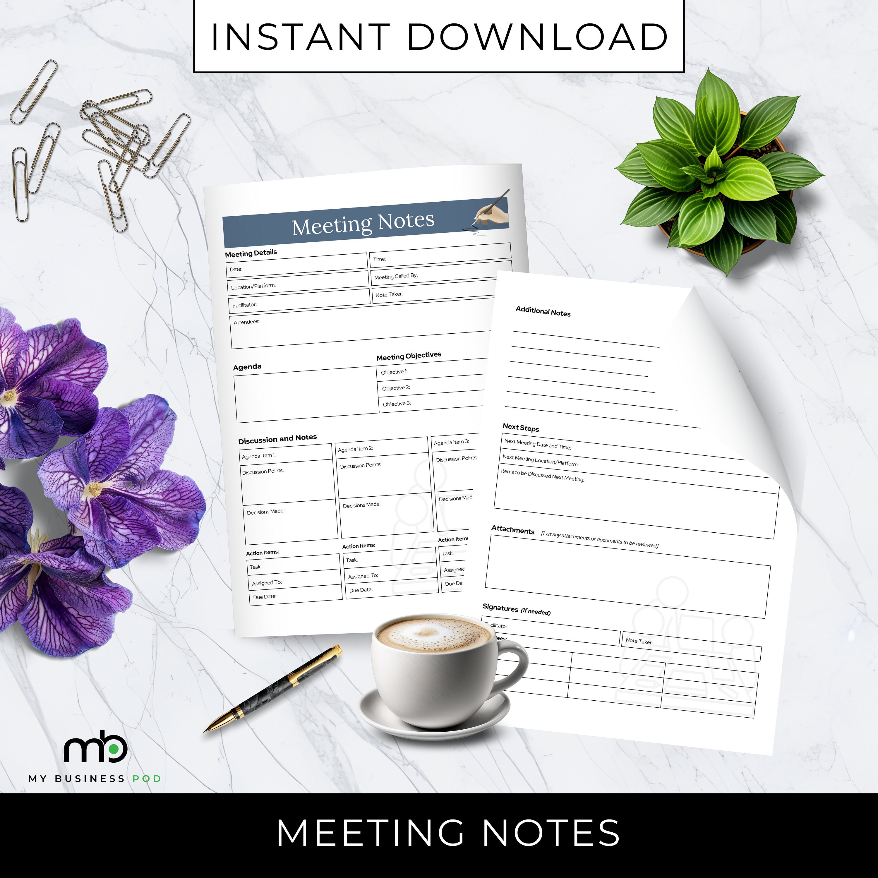 Note Record Form Meeting Notes, Meetings Record, Form, Sheet, Agenda, Actionable Tasks ...