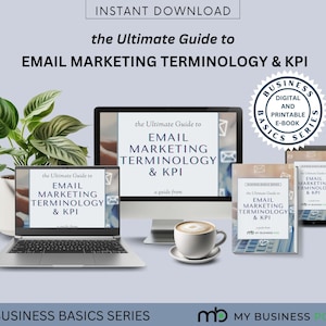 Puede incluir: Una maqueta de producto digital que presenta una computadora portátil, una tableta y dos libros electrónicos. La pantalla de la computadora portátil muestra el título "La guía definitiva de la terminología y los KPI del marketing por correo electrónico". Los libros electrónicos se titulan "La guía definitiva de la terminología y los KPI del marketing por correo electrónico" y forman parte de la "Serie de conceptos básicos empresariales".