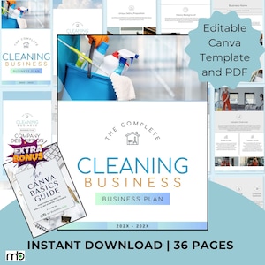 May include: A blue and white Canva template and PDF for a cleaning business plan. The template includes a cleaning supply bucket with cleaning products, a house icon, and the text "The Complete Cleaning Business Plan".
