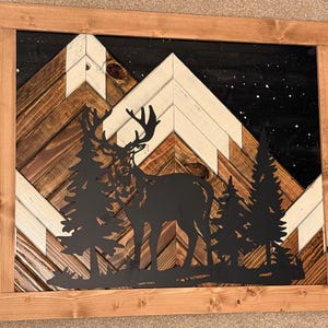Rustic mountain wood wall art with night sky, moon and stars . Hand crafted by myself.