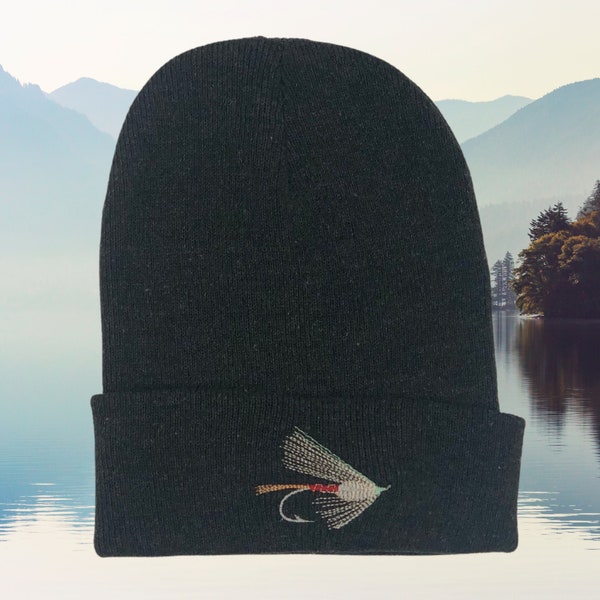 Embroidered fly fishing beanie,  trout fisherman beanie, salmon fishing hat, outdoorsman gift for dad/husband/men,  angler gift for camping