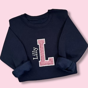 Personalized Youth Embroidered Name Sweatshirt Custom Varsity Letter Pullover toddler boy back to school shirt girl glitter monogram shirt