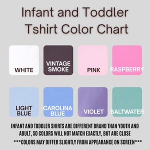 May include: Color chart for infant and toddler t-shirts. The chart displays color swatches in white, vintage smoke, pink, raspberry, light blue, carolina blue, violet, and saltwater. Text at the bottom states that colors may differ slightly from the screen.