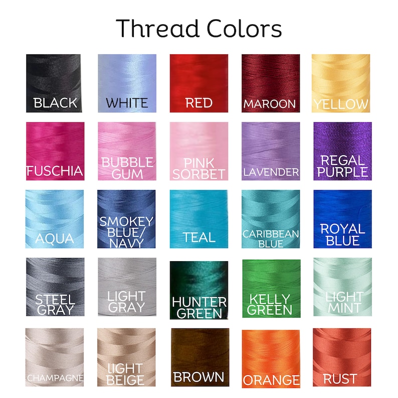 thread color chart with choice of 25 different color threads for custom embroidery.