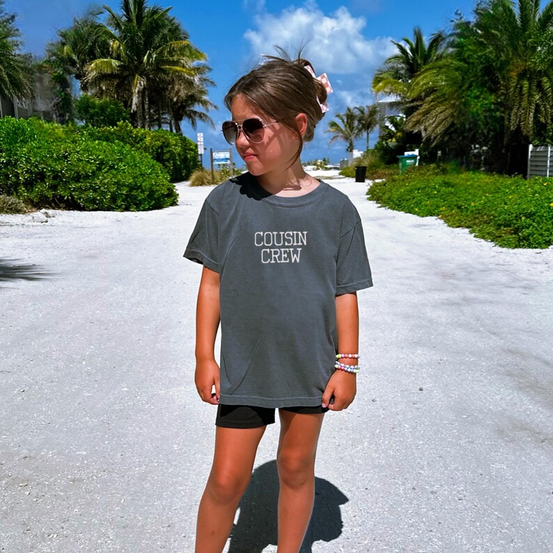 Custom Embroidered Tshirt Cousin Crew Design Family Matching Outfit Quality Cotton Construction Comfortable Youth Sizes Vacation Ready Clothing Beach Trip Essential Multiple Color Options Available Preshrunk Garment Dyed Fabric Soft Washed