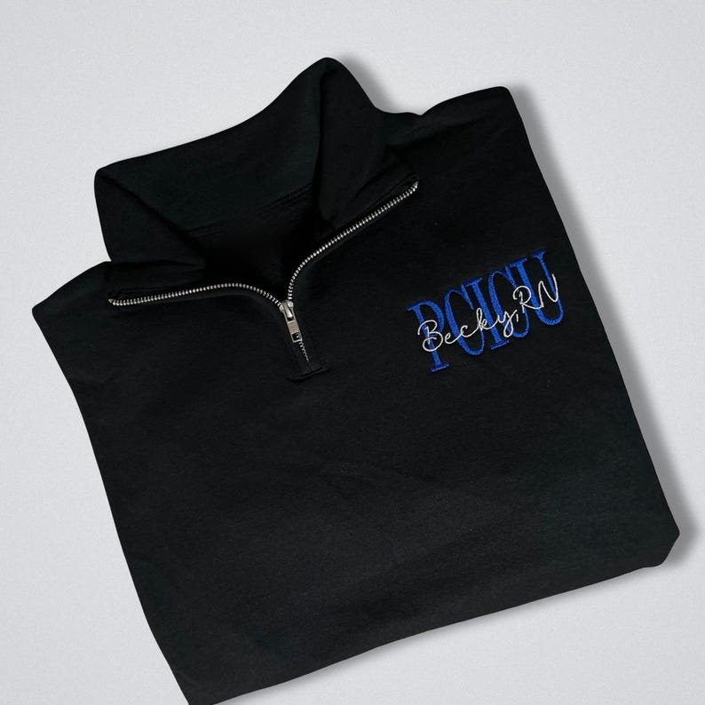 Premium Medical Staff Sweatshirt Personalized Quarter Zip Pullover Custom Embroidered Details Professional Unit Name Cotton Blend Material Multiple Size Options Available Comfortable Work Essential Quality Construction Cozy Warm Layer