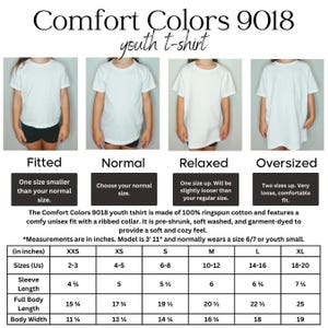 May include: White Comfort Colors 9018 youth t-shirts in fitted, normal, relaxed, and oversized styles. The image includes a size chart with measurements in inches for sizes XXS to XL. The shirts are made of ringspun cotton.