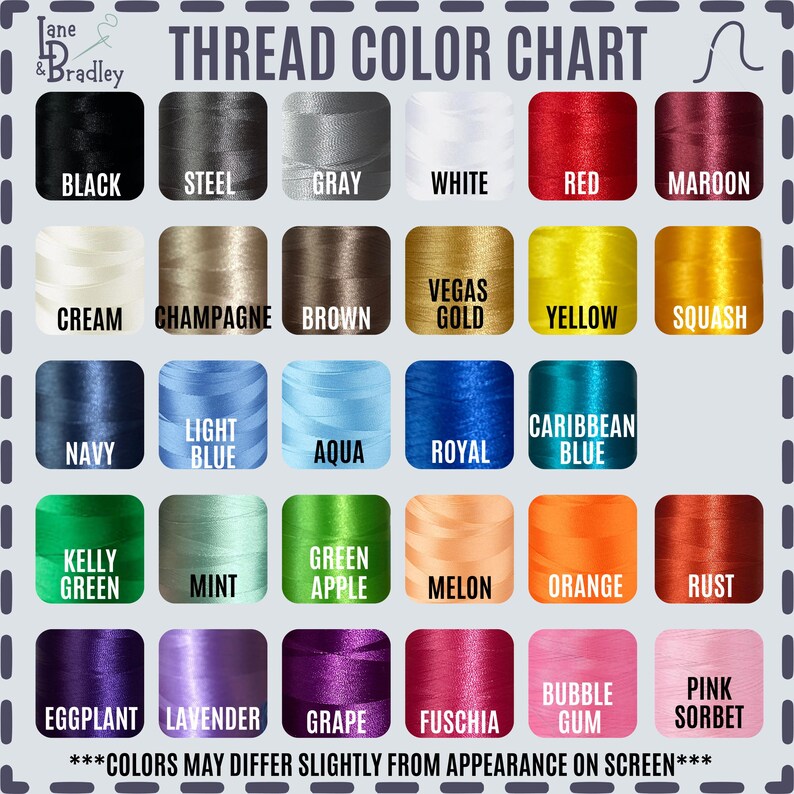 May include: A thread color chart with a variety of colors, including black, red, and blue. The chart displays the names of the colors, such as "Steel", "Maroon", and "Bubble Gum". The text "Thread Color Chart" is at the top.