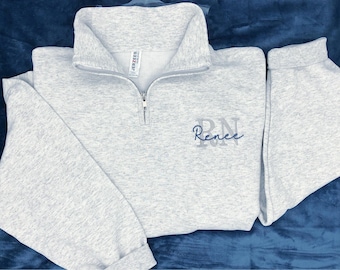 Custom embroidered registered nurse quarter zip with credential acronym and personalized name, Nursing student graduation gift, RN pullover