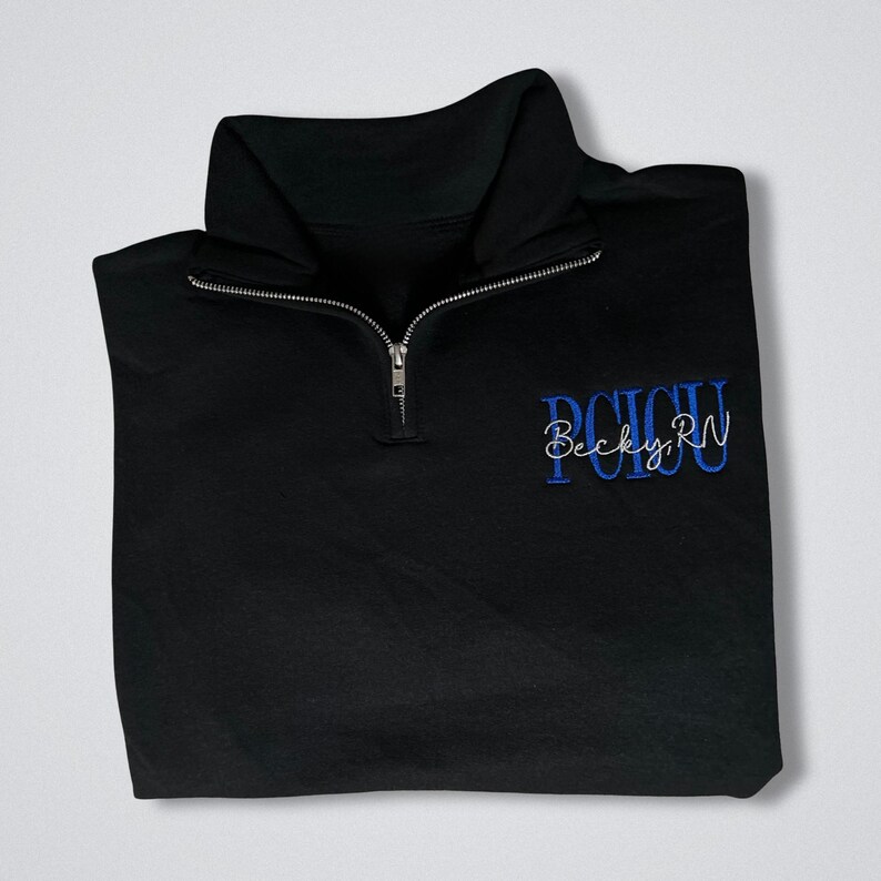 Quarter Zip Pullover Custom Medical Staff Uniform Personalized Embroidery Details Professional Healthcare Sweatshirt Premium Cotton Blend Multiple Color Options Available Comfortable Work Essential Quality Construction Custom Thread Choice