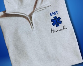 Custom embroidered EMT quarter zip with name for Paramedic student graduation gift EMT star of life work jacket emergency medical technician
