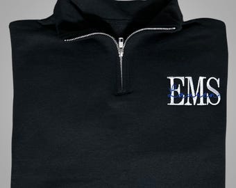 Custom embroidered EMS quarter zip with credential acronym and personalized name Paramedic student graduation gift EMT work jacket pullover