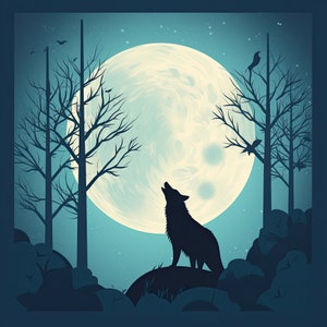 Wolf Howling at the Moon in a Forest, Abstract Art style, Digital Download