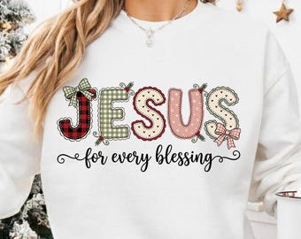 Jesús por cada bendición / Navidad PNG — Diseños festivos retro, preppy y a cuadros rojos