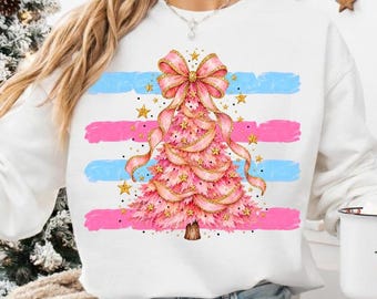 Árbol de Navidad rosa coqueto PNG, lazo rosa navideño PNG, imágenes prediseñadas navideñas femeninas, sublimación navideña linda, descarga digital