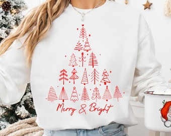 Merry & Bright Retro Tree SVG PNG, Girly Holiday Shirt Design, Festive Sublimation Print, Vintage Christmas Digital Download
