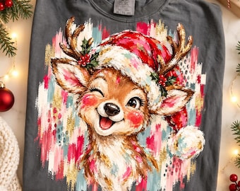 PNG de reno navideño vintage, diseño retro de reno con gorro de Papá Noel, PNG de sublimación navideña rosa, gráfico de camiseta navideña desgastada