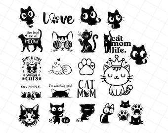 Silueta de gato, SVG de gato kawaii, clipart de gatito kawaii, paquete de SVG de gato, archivos SVG de gato, SVG para amantes de los gatos, máquina de corte Cricut, lindo png