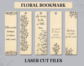 5 Floral bookmark svg bundle Wooden bookmark template Engraved bookmark laser cut files Book lover gift Teacher gift svg Glowforge Cricut