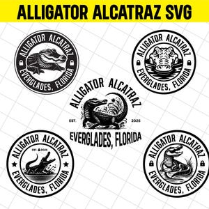 May include: A set of black and white alligator-themed SVG designs. Each design features an alligator illustration within a circular frame, with text that reads "Alligator Alcatraz" and "Everglades, Florida". Some designs include the year "2025".