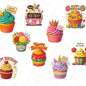 Happy Birthday Cupcake Clipart Bundle, Happy Birthday Cupcake Clipart, 15 High-Quality PNGs, Birthday Party Art, Birthday Card