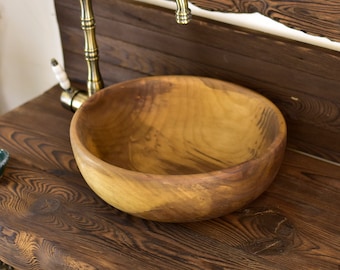 Bathroom Sink Round Natural Rustic Wood Walnut Wood Handmade Rustic Wooden Bowl Sink Weathered Vessel Sink Kitchen Sink Shape Marble Stone