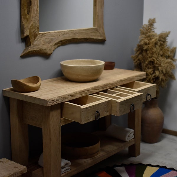 Bois de châtaignier. Lavabo de salle de bain rustique, bois de récupération Live Edge Vanités Lavabo de salle de bain ferme avec tiroirs Cadeau déco en bois