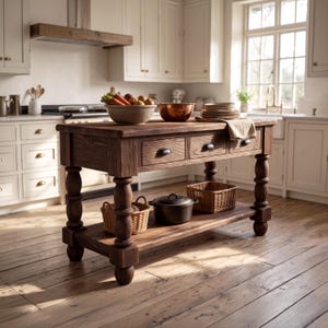 May include: A dark brown wooden kitchen island featuring four turned legs, three drawers with black pulls, and a lower shelf. The top holds a ceramic bowl of vegetables, a copper bowl, and a stack of plates. A black pot and two wicker baskets sit below.