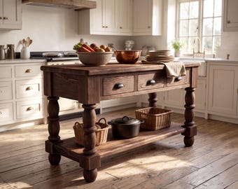 Puede incluir: Una isla de cocina de madera marrón oscuro con cuatro patas torneadas, tres cajones con tiradores negros y un estante inferior. Encima hay un cuenco de cerámica con verduras, un cuenco de cobre y platos. Una olla negra y dos cestas de mimbre están debajo.