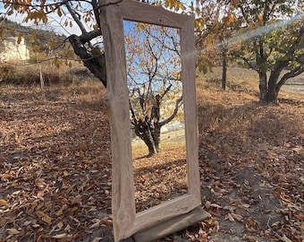 Mirror chestnut wood natural wood handmade farmhouse  live edge mirror large wall mirror recycled large wood bathroom mirror gift for her