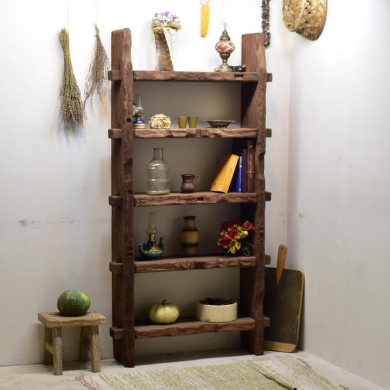 Handmade Recycled Wood Bookcase, Natural Edge Rustic Shelves