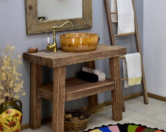 Handmade Reclaimed Wood Bathroom Vanity, Rustic Farmhouse Sink