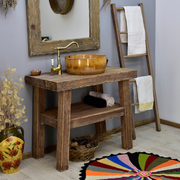 Rustic Bathroom Sink Handmade Reclaimed Wood Live Edge Mid Century Wood Vanities Sink Farmhouse Wood Decor Home Gift Waschtisch Wood