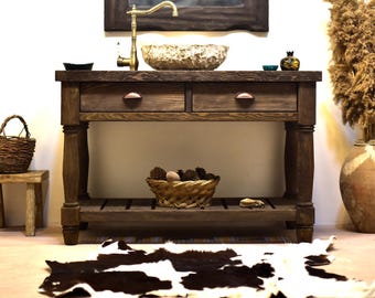 Handmade Classic Rustic Solid Wood Farmhouse Reclaimed Bathroom Sink Vanity Table with Drawers