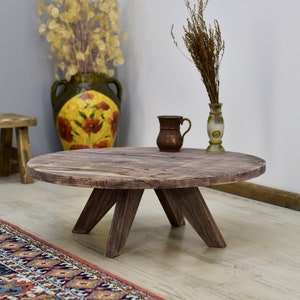 Round weathered coffee table rustic live edge handmade wood rustic mid century farmhouse furniture vintage like decorative coffee table