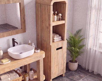 Handmade Recycled Solid Wood Bathroom Sink Shelf With Drawers, Makeup Storage Area, and Desk Shelf Set.