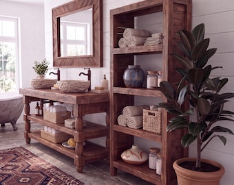 Handmade Reclaimed Solid Wood Bathroom Sink Shelf, Makeup Storage, Desk Shelf Set