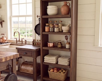 May include: A tall, dark brown wooden shelving unit with five shelves. The shelves hold white bowls, a terracotta pitcher, glass jars with spices, a copper pot, kitchen utensils, folded light-colored linens, and a woven basket filled with potatoes.