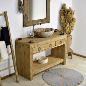 Bathroom Sink Vanity Makeup Table Handmade Rustic Wood Reclaimed Wood Live Edge Vanities Sink Farmhouse Medieval Wooden Decor Gift for Her