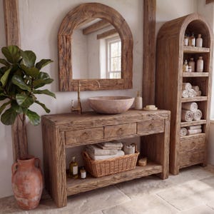 Op de afbeelding: Een rustieke badkamermeubelset met een console van verweerd hout met drie lades, een bijpassende boogvormige wandspiegel en een hoge open kast. Een ronde houten waskom staat op het meubel met een messing kraan en een mand van gevlochten riet.