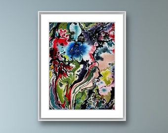 May include: Abstract floral watercolor painting in a white frame. The artwork features a vibrant mix of colors, including blue, red, green, and black, creating a dynamic and expressive composition. The painting is displayed above a bed with wooden furniture.