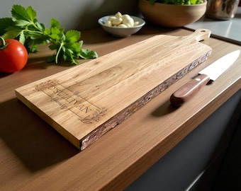 Personalized Live Edge Mango Wood Board | Custom Family Name Charcuterie & Serving Board | Rustic Wedding or Housewarming Gift