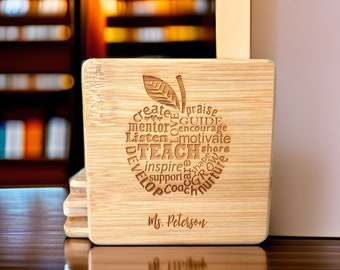 Custom Laser Engraved Teacher Appreciation Bamboo Coasters