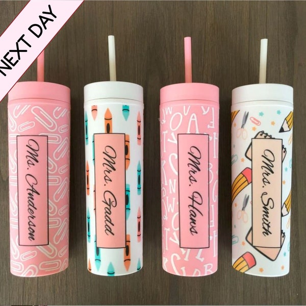 Monogrammed Teacher Appreciation Skinny Tumblers with Lids and Straws