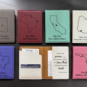 May include: Ten passport holders featuring different state outlines and mission locations. Each holder is a different colour and made of leather. The text on the holders includes the name of the missionary, the location of the mission, and a quote from the scriptures.