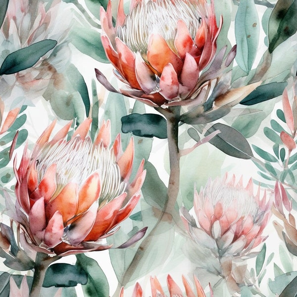 Watercolour Protea Seamless Pattern, Tile Digital Paper - PNG
