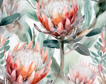 Watercolour Protea Seamless Pattern, Tile Digital Paper - PNG