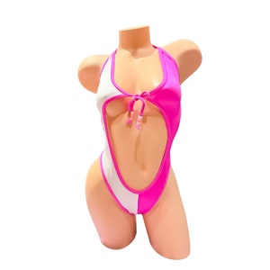 Hot Pink and White Monokini with Stomach Cutout + Pink Heart Beads - EXOTIC DANCEWEAR