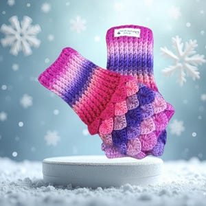 Crochet fingerless Dragonscale Gloves in colour Ruby size small.
